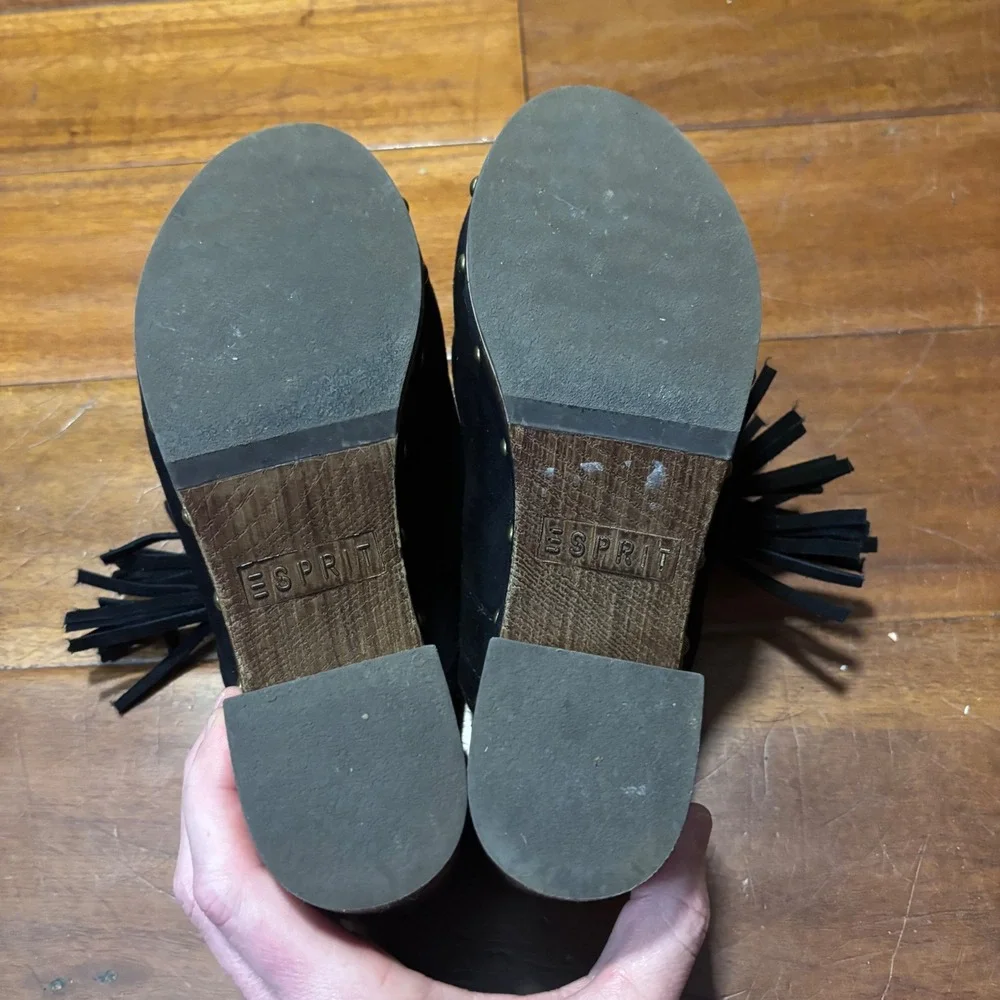 Vtg ESPRIT Black Suede Tassel Mules | Boho Block Heel Clogs|Western| Size8 - Picture 4 of 6